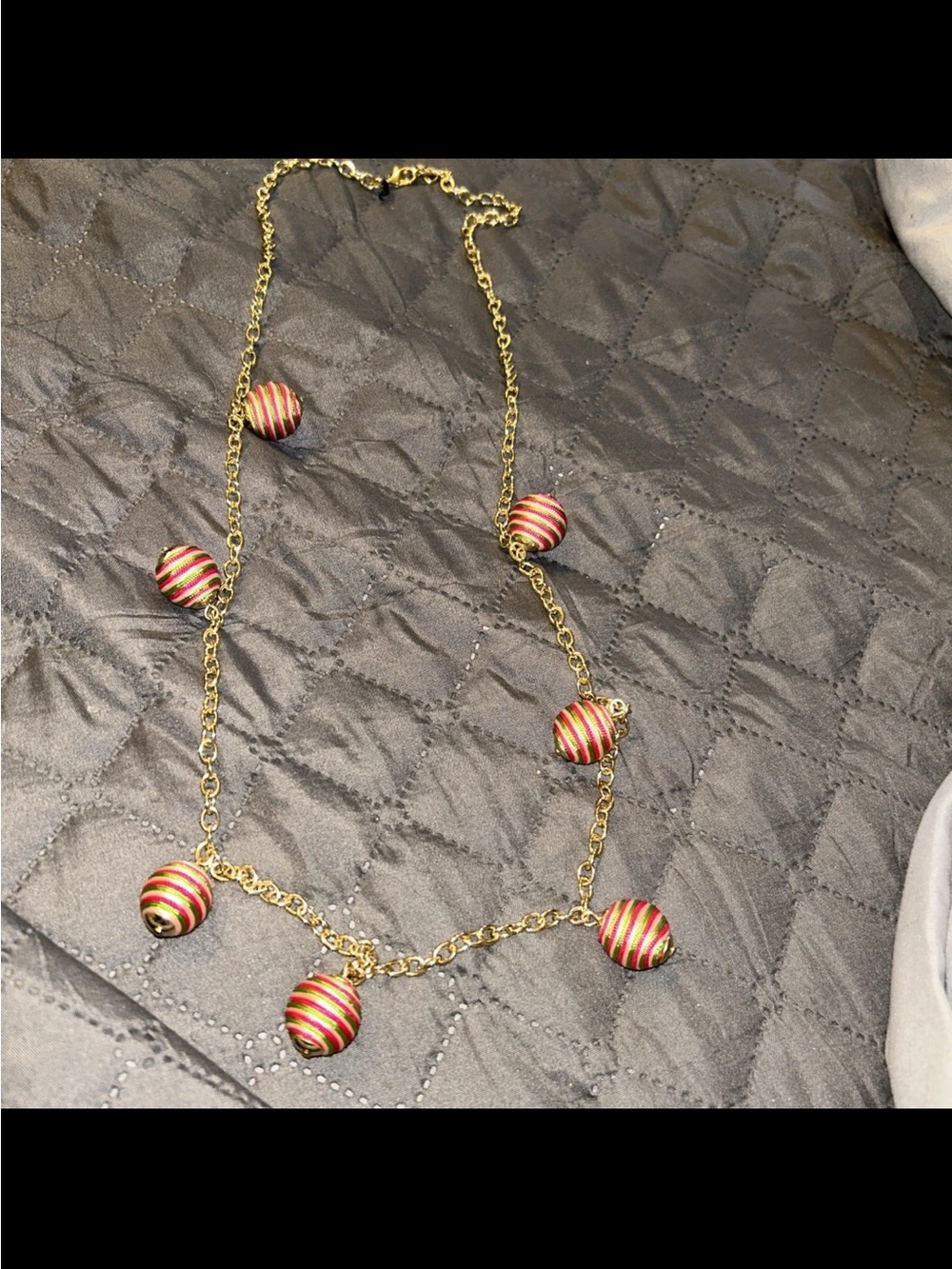 Talbots Gold Chain Necklace with Red and Green Striped Bead Accents